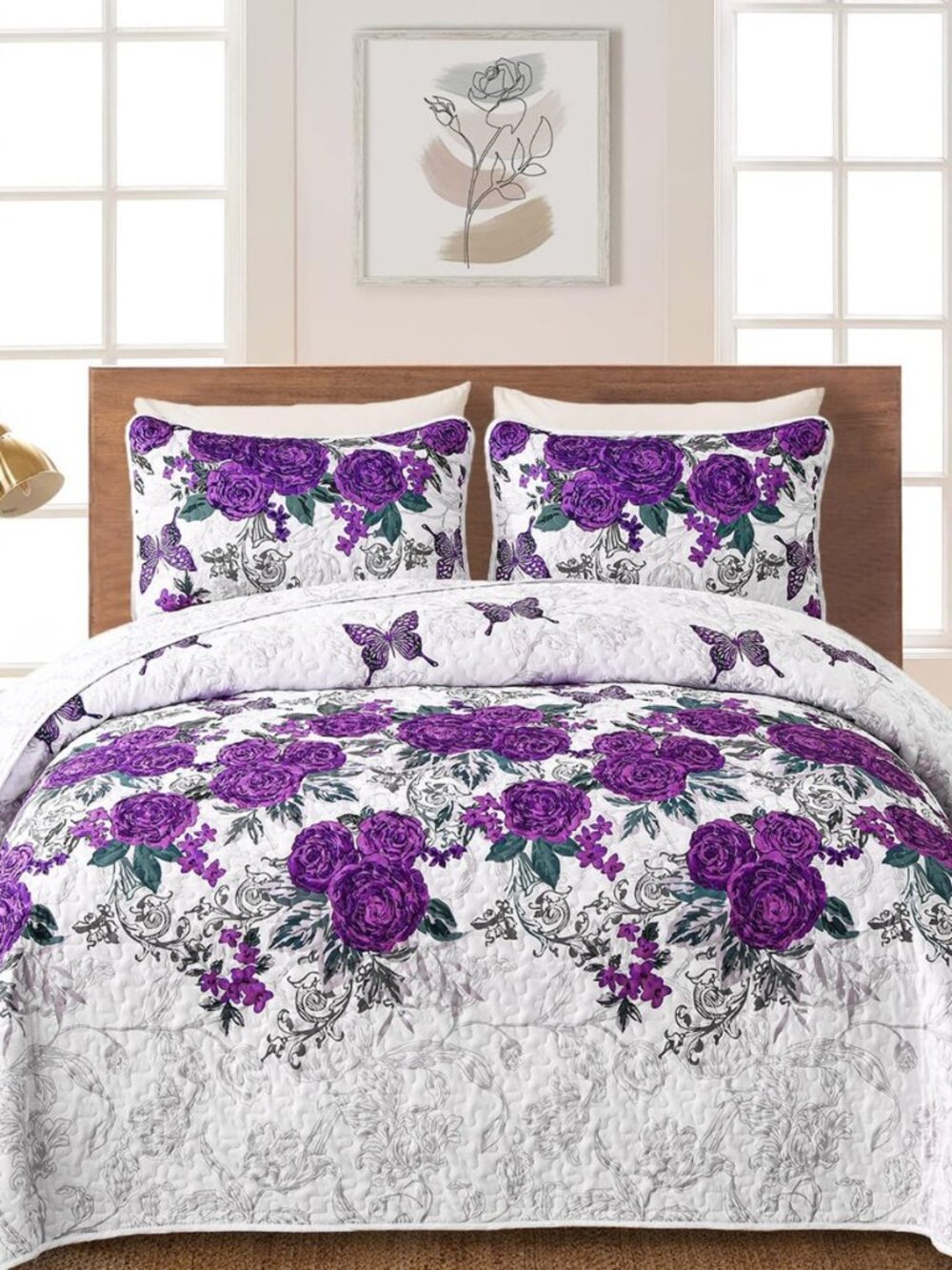 Purple Floral Quilt Set Queen Size, Rose Flowers Quilt Bedding Set